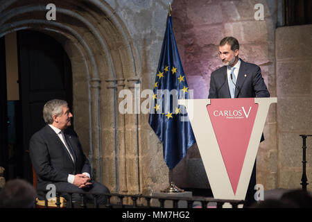 Monasterio de Yuste, Cuacos de Yuste, Spanien. 9. Mai, 2018 - Rede von Antonio Tajani, der Präsident des Europäischen Parlaments Momente vor dem Carlos V Preisverleihung. Credit: Esteban Martinena Guerrero/Alamy leben Nachrichten Stockfoto