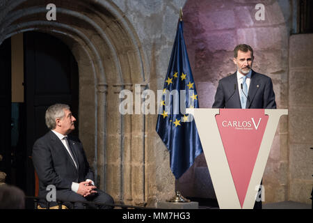 Monasterio de Yuste, Cuacos de Yuste, Spanien. 9. Mai, 2018 - Rede von Antonio Tajani, der Präsident des Europäischen Parlaments Momente vor dem Carlos V Preisverleihung. Credit: Esteban Martinena Guerrero/Alamy leben Nachrichten Stockfoto