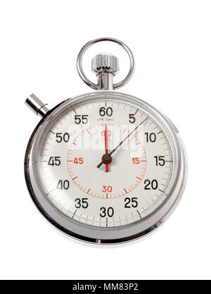 Alte mechanische Stoppuhr auf weißem Hintergrund. Stockfoto