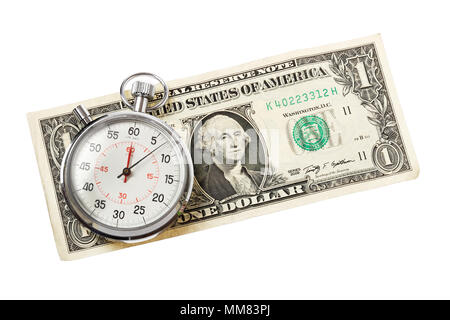 Einer tickenden Stoppuhr auf einen US-Dollar Banknote auf weißem Hintergrund. Stockfoto