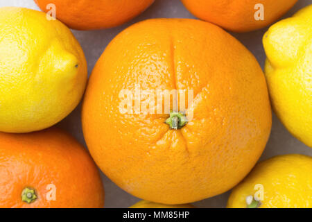 Bündel Reif saftig Ganze Zitrusfrüchte Orangen Mandarinen Zitronen auf weißem Stein marmor Tisch. Vitamine gesunde Ernährung Sommer Detox Vegan Konzept. Essen Stockfoto