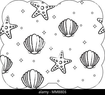 Dekorative Rahmen mit Muscheln und Seesternen Muster auf weißem Hintergrund, Vector Illustration Stock Vektor