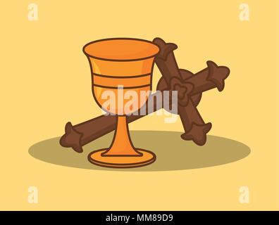 Ostern Design mit heiligen Gral und religiösen Kreuz Symbol auf gelbem Hintergrund, farbenfrohen Design. Vector Illustration Stock Vektor