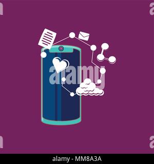 Social Media Design mit Smartphone und die zugehörigen Symbole über lila Hintergrund, farbenfrohen Design. Vector Illustration Stock Vektor