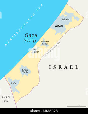 Gazastreifen politische Karte. Selbstverwalteten palästinensischen Gebiet an der Küste des Mittelmeers, die Grenzen zu Israel und Ägypten. Stockfoto