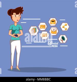 Geschäftsfrau mit Social Media icons Vector Illustration Design Stock Vektor