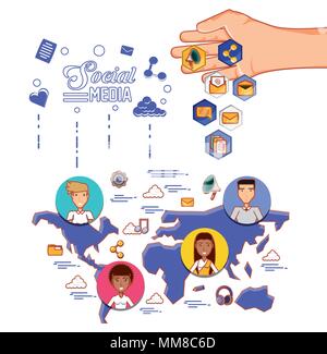 Menschen verschiedener ethnischer Gruppen mit Social Media icons Vector Illustration Design Stock Vektor