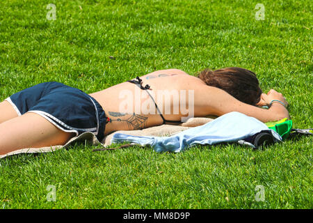 Junge Frau Sonnen in Boulevard Park in Bellingham, Washington, USA. Die Frau hat die Tatoos auf den Rücken und die Seite. Stockfoto
