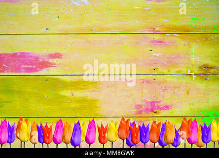 Tulpen auf Gelb bunt vintage Hintergrund mit schäbigen Distressed grungy Textur hippie Style Stockfoto