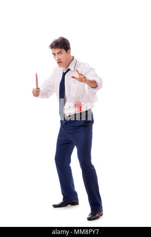 Verletzte Geschäftsmann mit Blut Flecken auf weißem Hintergrund Stockfoto