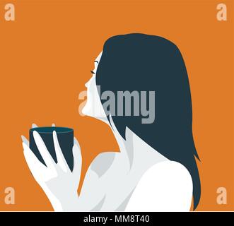 Porträt der schönen Frau mit Tasse mit heißem Getränk Vector Illustration Stock Vektor