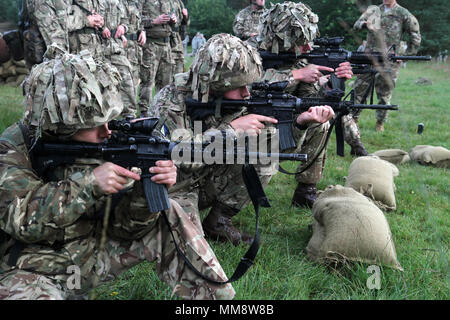 Soldaten mit Royal des Vereinigten Königreichs Wessex Yeomanry erlernen Sie die Grundlagen der M4 der US-Armee schießt auf die sennelager Training Center, Deutschland, die sich darauf vorbereiten, in der US-Armee Alternative Qualifikation Kurs als Teil der Übung Spartan Star, 12. September 2017 zu beteiligen. Fast jeder Yeomanry Soldat auf den Bereich qualifiziert. (Michigan National Guard Foto: Staff Sgt. Brandon Ames) Stockfoto