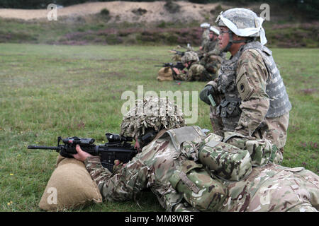 Sgt. Walter Willson, ein Soldat Charlie Company, 1st Battalion, 125Th Infanterie Regiment führt ein Soldat der Royal Wessex Yeomanry des Vereinigten Königreichs durch die US-Armee Alternative Qualifikation Kurs mit einem M4 an der Sennelager Training Area, Deutschland, im Rahmen der Übung Spartan Stern September 12, 2017. Fast jeder Soldat der Yeomanry, die im Kurs teilgenommen qualifizierten auf der Strecke. Stockfoto