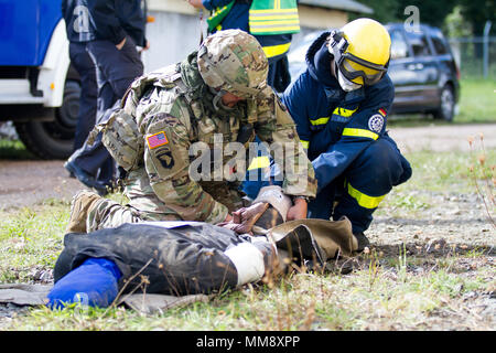 Staff Sgt. Paul Myers (links), medizinische Operationen Non-Commissioned Officer verantwortlich für Charlie Company (C Co.), 457Th zivilen Angelegenheiten Bataillon (CA MRD.), gilt eine Schiene auf einem verletzten mannequin Rolle-Player mit Hilfe von einem Mitglied der Bundesanstalt Technisches Hilfswerk in Frankenthal, Deutschland, eine zivile Organisation, während der Übung Cobra Strike 17 von C Co, 457Th CA BN, Wackernheim, Deutschland, Sept. 16, 2017. Diese lokale multi-partnered Übung tests Bewertung Fähigkeiten zivile Angelegenheiten Lote' in einer fiktiven nach der Erdbebenkatastrophe Szenario und Abstimmung mit den örtlichen Stockfoto