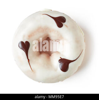 Weiße Schokolade Donut auf weißem Hintergrund, Ansicht von oben Stockfoto