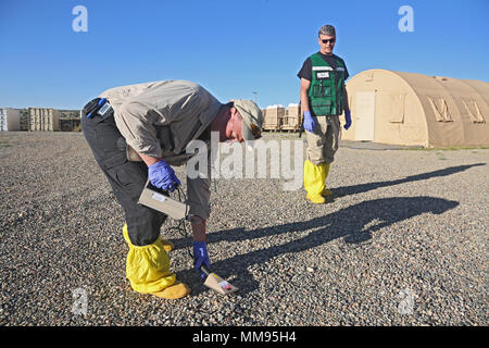 Darril Stafford mit Abteilung für Energie mit führt Kontrollen durch die Strahlung ein Ludlm Strahlung Detektor auf Onate Army National Guard Complex, New York, Sept. 18, 2017. Die Prominente Jagd Übung bringt in Bundes-, Landes- und lokalen Agenturen zu 20. Chemische, biologische, nukleare, Sprengstoffe (CBRNE) Befehl zu bestätigen als Teil des Nationalen Technischen nuklearen Forensik (NTNF) Sammlung Task Force (GCTF). (U.S. Armee Foto von Sgt. Nelson Rodriguez) Stockfoto