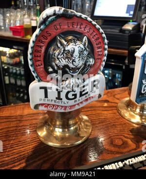 Everards Tiger Beer Pumpen auf eine Bar, in einem traditionellen englischen Pub, England, Großbritannien Stockfoto