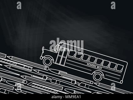 School Bus in weißer Umriss fahren Sie auf dem briefpapier Straße. Hintergrund Design für Schule und Ausbildung in Vector Illustration. Stock Vektor