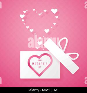 Happy Mother's Day mit Geschenkbox Postkarte. Papier fliegen Elemente auf rosa Hintergrund. Stock Vektor