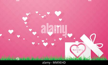 Happy Mother's Day mit Geschenkbox Postkarte. Papier fliegen Elemente auf rosa Hintergrund. Stock Vektor