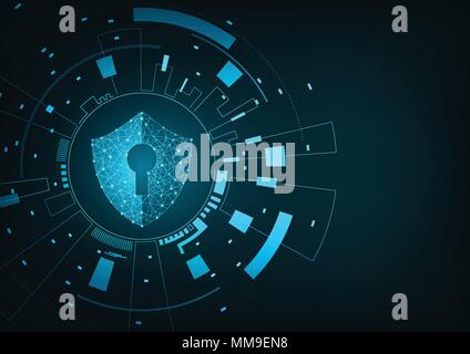 Internet Technologie Cyber Security Konzept der Computer virus Angriff mit Schild Schlüsselloch Symbol auf Blau abstrakt Hintergrund zu schützen. Stock Vektor