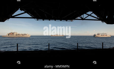 170919-N-NM 306-0012 karibische Meer (bis 30. 19, 2017) Das Militär Sealift Command Dry Cargo und Munition ship USNS William McLean (T-AKE 12), die Wasp-Klasse amphibisches Schiff USS Kearsarge (LHD3) und der Aviation Logistics Support Container schiff SS Wright (T-AVB-3) das Karibische Meer neben der USS Wasp (LHD1) transit. Die Schiffe haben an humanitären Hilfsaktionen in der Karibik in der von Hurrikan Irma. Das Verteidigungsministerium ist die Unterstützung der Federal Emergency Management Agency, die federführende Bundesamt, in denen helfen, die vom Hurrikan Irma betroffen minimi Stockfoto