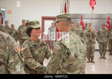 Generalmajor Miyako N. Schanely, eingehende Commander, Theater 416th Engineer Befehl, liefert die Einheit Flagge zu Command Sgt. Maj. Ty Emmans, während der Annahme des Befehls Zeremonie am 23. September. (U.S. Armee finden Foto von Sgt. 1. Klasse Darrin McDufford) Stockfoto