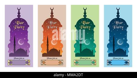 Iftar party Einladung mit Minarett und Moschee. Alle Objekte sind in verschiedenen Schichten und der Text -Typen benötigen keine Schriftart. Stock Vektor