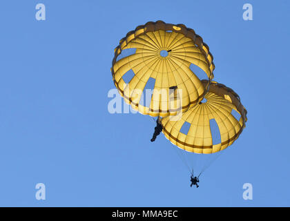 Fallschirm Vordächer füllen Sie den Himmel als Fallschirmjäger aus acht Ländern Land am Houtdorperveld Drop Zone während Falcon Sprung Sept. 15, 2017, Valkenburg, Niederlande. (U.S. Air Force Foto von Airman 1st Class Codie Collins) Stockfoto