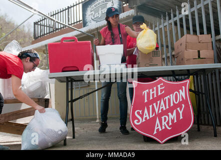 Ein Freiwilliger der San Juan Salvation Army stellt am 4. Oktober 2017 nach dem Hurrikan Maria einen Tisch für die Verteilung von Wasser an die Überlebenden des Hurrikans in Comerio (Puerto Rico) auf. Das Verteidigungsministerium arbeitete mit der FEMA und den lokalen Behörden zusammen, um lebensrettende und lebensrettende Hilfe zu leisten. Das Archivbild dokumentiert die Feldvorbereitung für den Notfall-Wasserdienst. Stockfoto