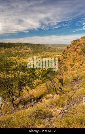 Blick auf weite Outback Landschaft der Bereiche und Ebenen unter blauem Himmel von Lookout im Minerva Hills National Park, in der Nähe von Springsure Queensland Australien Stockfoto