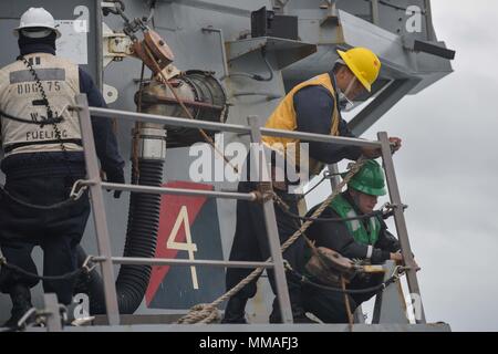 171004-N-RP 878-164 IRISCHE SEE (Okt. 2010) 4, 2017) Segler bereiten Sie eine Tankstelle an Bord der Arleigh-Burke-Klasse geführte Anti-raketen-Zerstörer USS Donald Cook (DDG75) für die Auffüllung eines laufenden mit der Lewis und Clark-Klasse Dry Cargo ship USNS Medgar Evers (T-AKE 13) während der Übung gemeinsame Krieger 17-2, 4. Oktober 2017. Gemeinsame Krieger ist ein UK-led, multinationale Übung, die Interoperabilität und die Zusammenarbeit in allen Bereichen anwendbar Kriegsführung entwickelt. (U.S. Marine Foto von Mass Communication Specialist 1. Klasse Theron J. Godbold/Freigegeben) Stockfoto