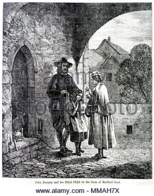 John Bunyan und seine blinden Kind am Tor von Bedford, Gefängnis, wo er seit 12 Jahren für illegale Predigt inhaftiert wurde, antike Darstellung von ca. 1880 Stockfoto