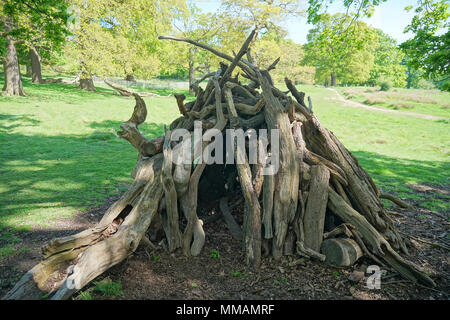 Die kleinen Höhle erstellt von Teile von toten Bäumen im Richmond Park, London. Foto Datum: Donnerstag, 3. Mai 2018. Foto: Roger Garfield/Alamy Stockfoto