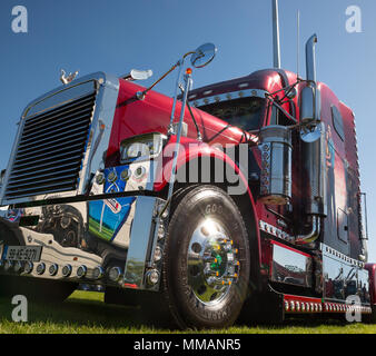 Niedriger Winkel, Nahaufnahme amerikanischen kundenspezifischen LKW-Kabine. Großes Rig. Polierte bugler Schwan Kapuze Ornament / Abzeichen auf Grill. Stockfoto