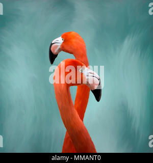 Ölgemälde von eleganten Flamingo Vögel hoch gegen einen hellblauen und weißen Hintergrund. Stockfoto