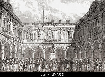 Der Innenhof des zweiten Royal Exchange, London, England, das Gebäude brannte im Feuer von 1838. Aus Old England: eine bildliche Museum, veröffentlicht 1847. Stockfoto