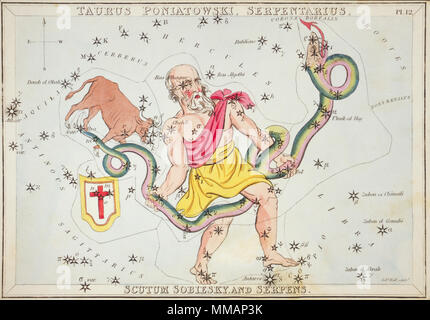 Taurus Poniatowski, Serpentarius, Scutum Sobiesky, und Serpens. Karte Nummer 12 von Urania's Mirror, oder einen Blick auf den Himmel, eines der 32 astronomischen Star Chart Karten von Sidney Hall graviert und publshed 1824. Stockfoto