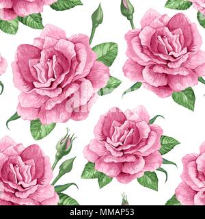 Rose Blumen, Blüten und Blätter in Aquarell Stil auf weißem Hintergrund. Nahtlose Muster für Textilwaren, Geschenkpapier, Paket, Stock Vektor