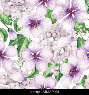 Apple tree Blumen, Hortensie Blumen, Blüten und Blätter in Aquarell Stil auf weißem Hintergrund. Nahtlose Muster für Textilwaren, Geschenkpapier, Paket, Stock Vektor