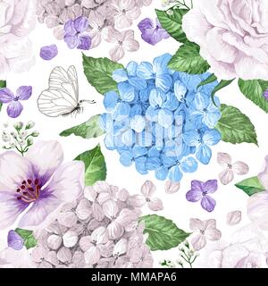 Apple tree Blumen, Hortensie Blumen, Blüten und Blätter in Aquarell Stil auf weißem Hintergrund. Nahtlose Muster für Textilwaren, Geschenkpapier, Paket, Stock Vektor