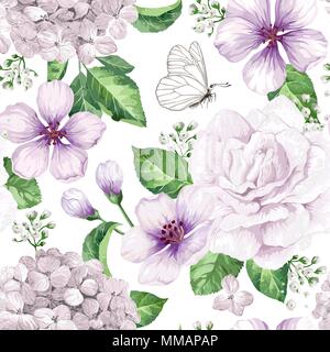 Apple tree Blumen, Hortensie Blumen, Blüten und Blätter in Aquarell Stil auf weißem Hintergrund. Nahtlose Muster für Textilwaren, Geschenkpapier, Paket, Stock Vektor