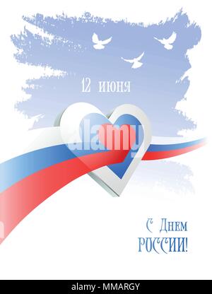 Am 12. Juni. Happy Russland Tag. Grußkarte mit wehenden russischen Flagge, Herz und Tauben. Stock Vektor