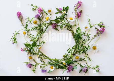 Kranz Flach von Feld Blumen auf weißem Hintergrund Stockfoto