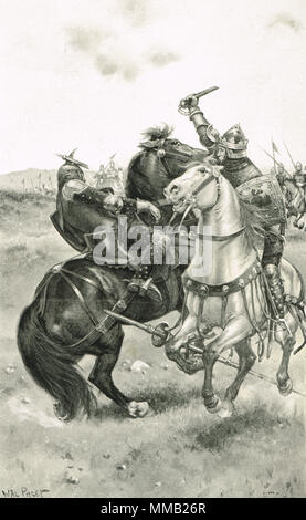 Robert the Bruce slaying Sir Henry de Bohun (auch Dinkel de Boune), im Zweikampf vor der Armeen, Schlacht von Bannockburn, 24. Juni 1314 Stockfoto