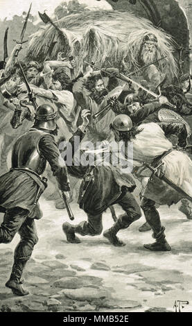 Die Erfassung von Linlithgow Castle, West Lothian, Schottland in 1313. Die Engländer waren von einer Handvoll schottische Bauern versteckt in einem Heuwagen besiegt. Ein Überraschungsangriff durch lokale Farmer William Bunnock oder Binning, während des Ersten Krieges der schottischen Unabhängigkeit. Stockfoto