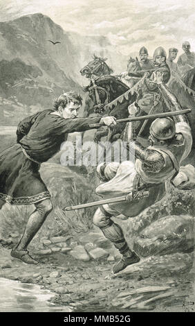 William Wallace, angegriffen und Angeln von Anhängern von Sir Henry de Percy, circa 1294. Jagen Sie die Angreifer mit seinem Net-Pol Stockfoto