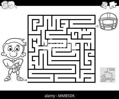 Schwarze und Weiße Cartoon Illustration für Bildung Labyrinth oder Irrgarten Aktivität Spiel für Kinder mit kleinen Jungen und Fußball-Malbuch Stock Vektor