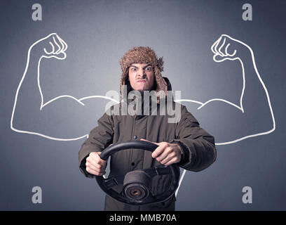 Junger Mann mit schwarzen Lenkrad mit muscly Arme neben ihm gezeichnet Stockfoto