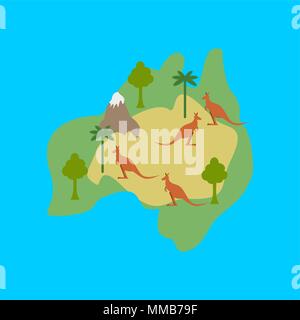 Australien Karte Flora und Fauna. Tiere und Pflanzen auf dem Festland. Vector Illustration Stock Vektor